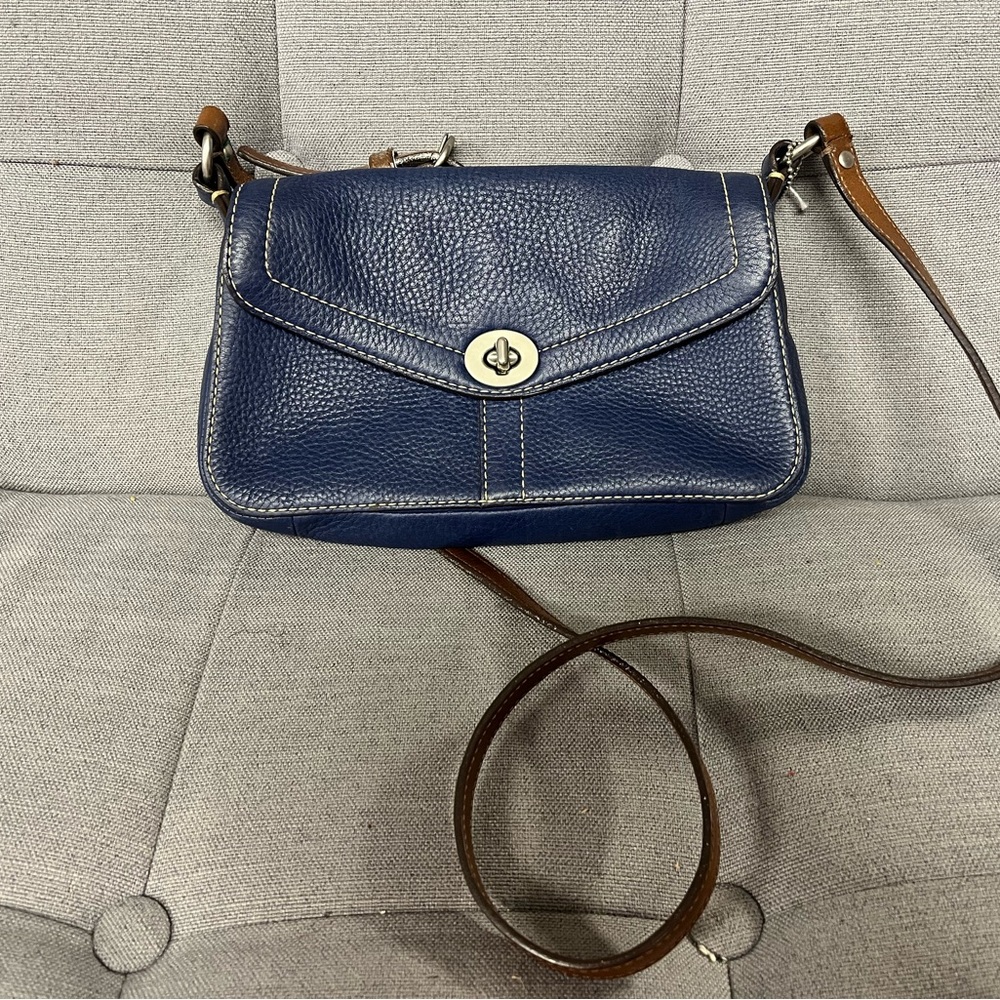 Coach Blue and Brown Crossbody Bag with Gold-Tone Hardware